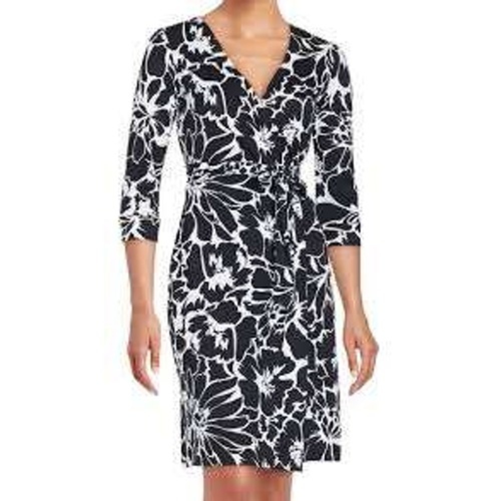 Diane von Furstenberg Black White Floral Cotton Silk Wrap Dress 8 3/4 Sleeve
